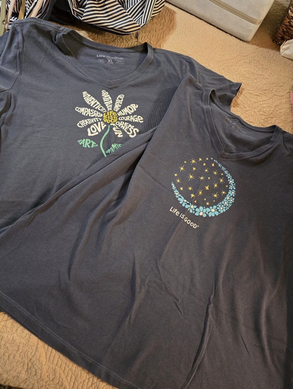 2 XL Life Is Good Navy Short-Sleeve Tees with Moon & Floral Graphics